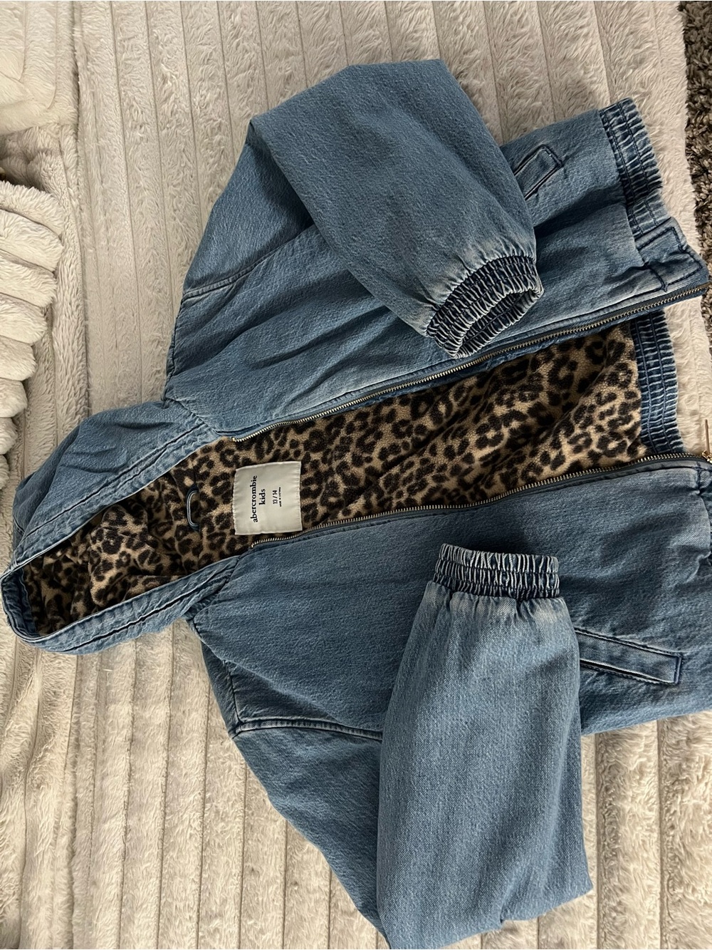 abercrombie kids light blue denim hooded jacket with leopard lining